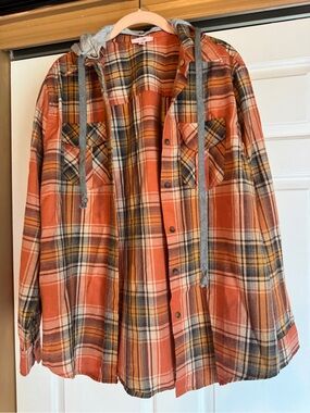 P.S. Love Orange Plaid Hooded Shacket.